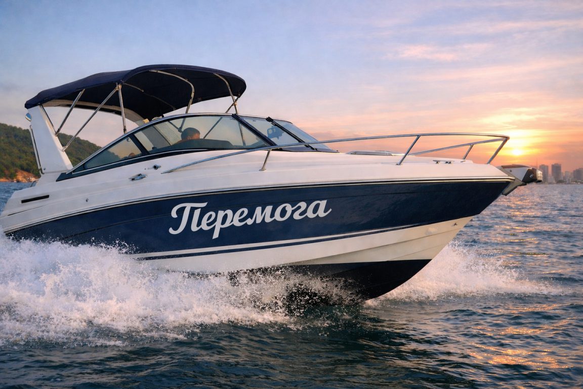 Біла рукописна назва «Перемога» на темно-синьому борту катера